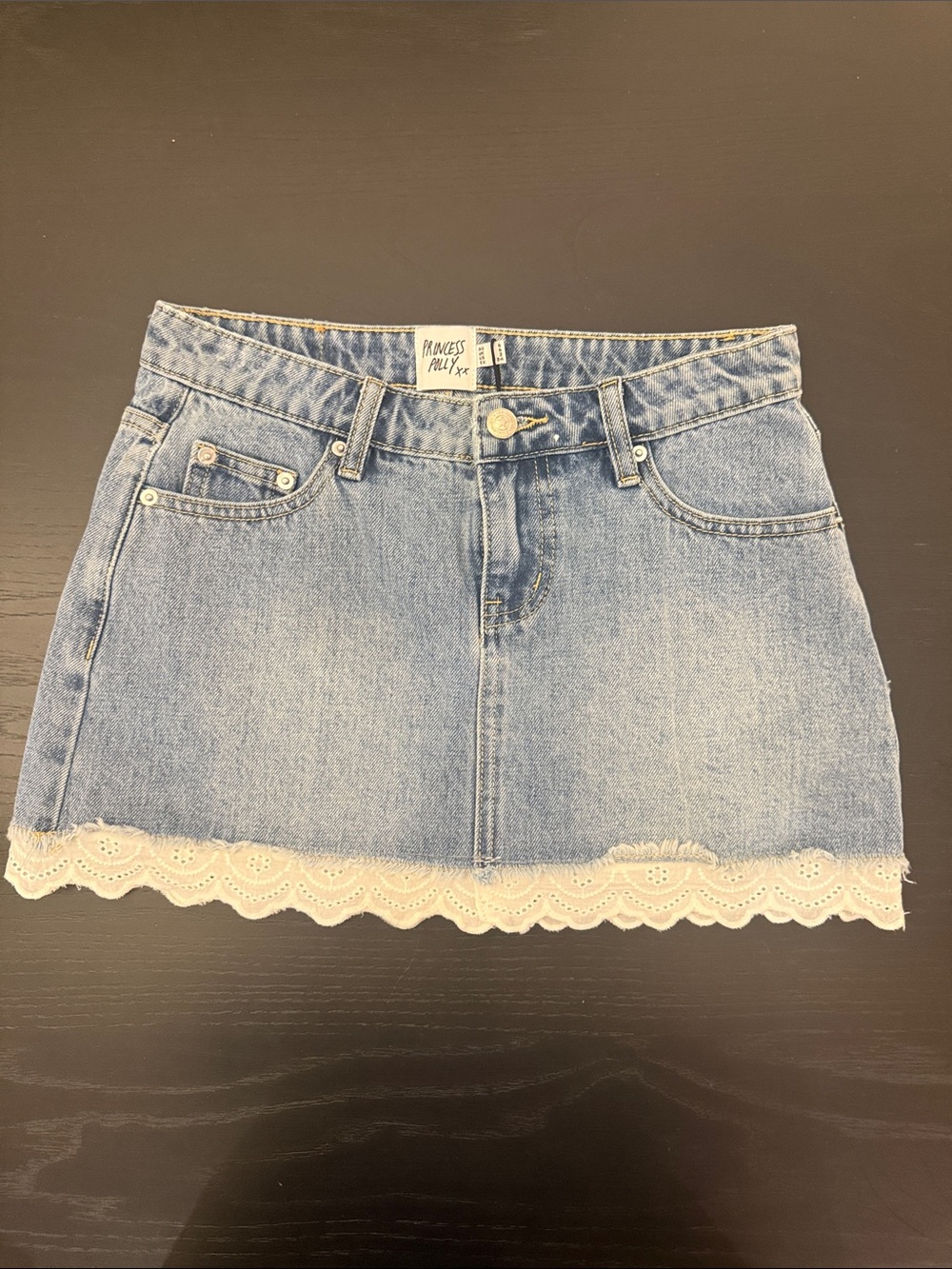 NEW Princess Polly Light Blue Denim Mini Skirt with White Lace Hem